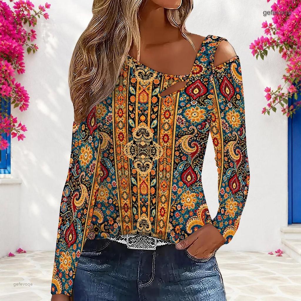 Women Plus Size Asymmetric Cutout Neck Cold Shoulder Long Sleeve Navy Geometric Printed Top