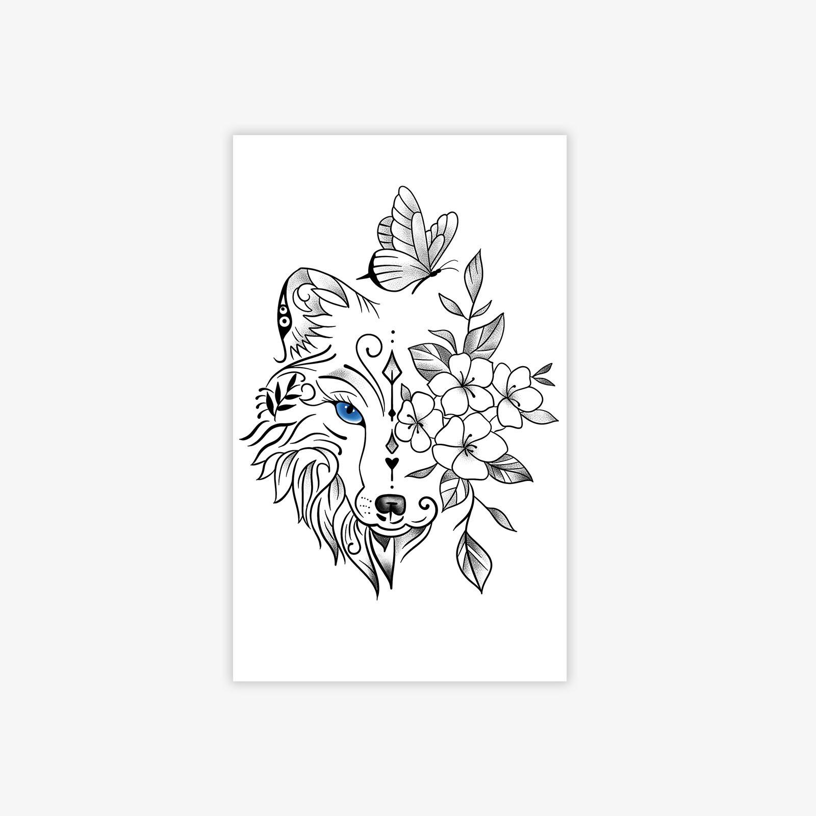 

Blue-Eyed Fox Floral Tattoo Sticker, Waterproof And Long-Lasting, Exquisite Tattoo On The Back Of Girls 11*18