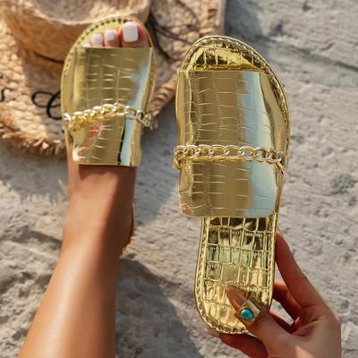 Talla Grande 36-42 Zapatillas de Verano con Cadena Metálica Dorada para Mujer Planas de Lujo para Exterior Playa Chanclas Sandalias Femeninas Tendencia Zapatos
