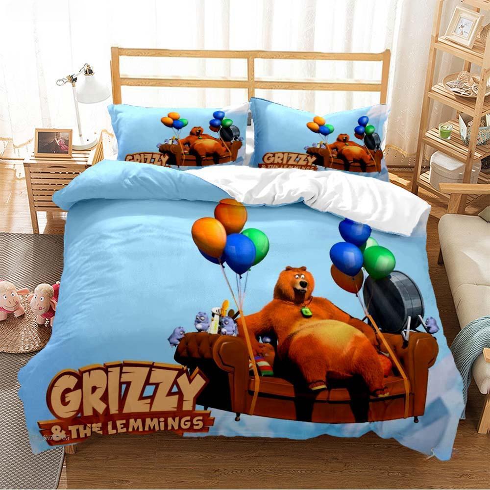 Grizzly & The Lemmings Cartoon Anime Husă de plapumă Set de lenjerie de pat cuvertură moale Husă de pilota și fețe de pernă Single/dublu/Queen/King
