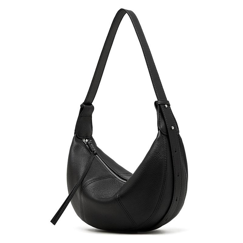 First Layer Cowhide Croissant Bag Diagonal Span Dumpling Bag Genuine Leather Single Shoulder Practical Commuting Solid Color Soft Leather Women'S Bag