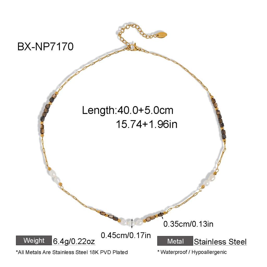Cross Exclusive Natural Freshwater Pearl and Colored Stone Clavicle Necklace, 18K Titanium Steel, Women's Waterproof Ins Style Niche.