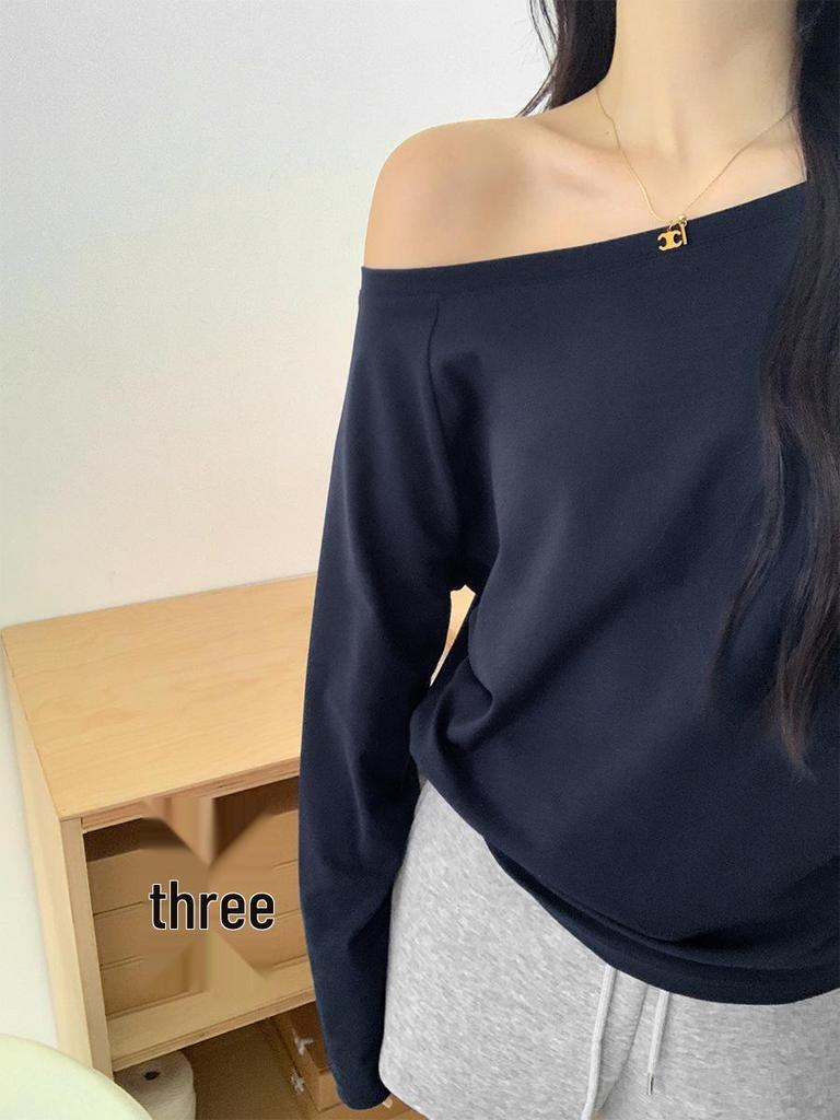 Zhang Jingyi Style Black Off-Shoulder Short-Sleeve Summer T-Shirt for Women - Slimming, Chic, Loose Fit, Diagonal Collar.