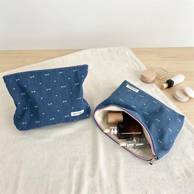 Korean-Style Denim Heart Print Versatile Jewelry & Makeup Bag