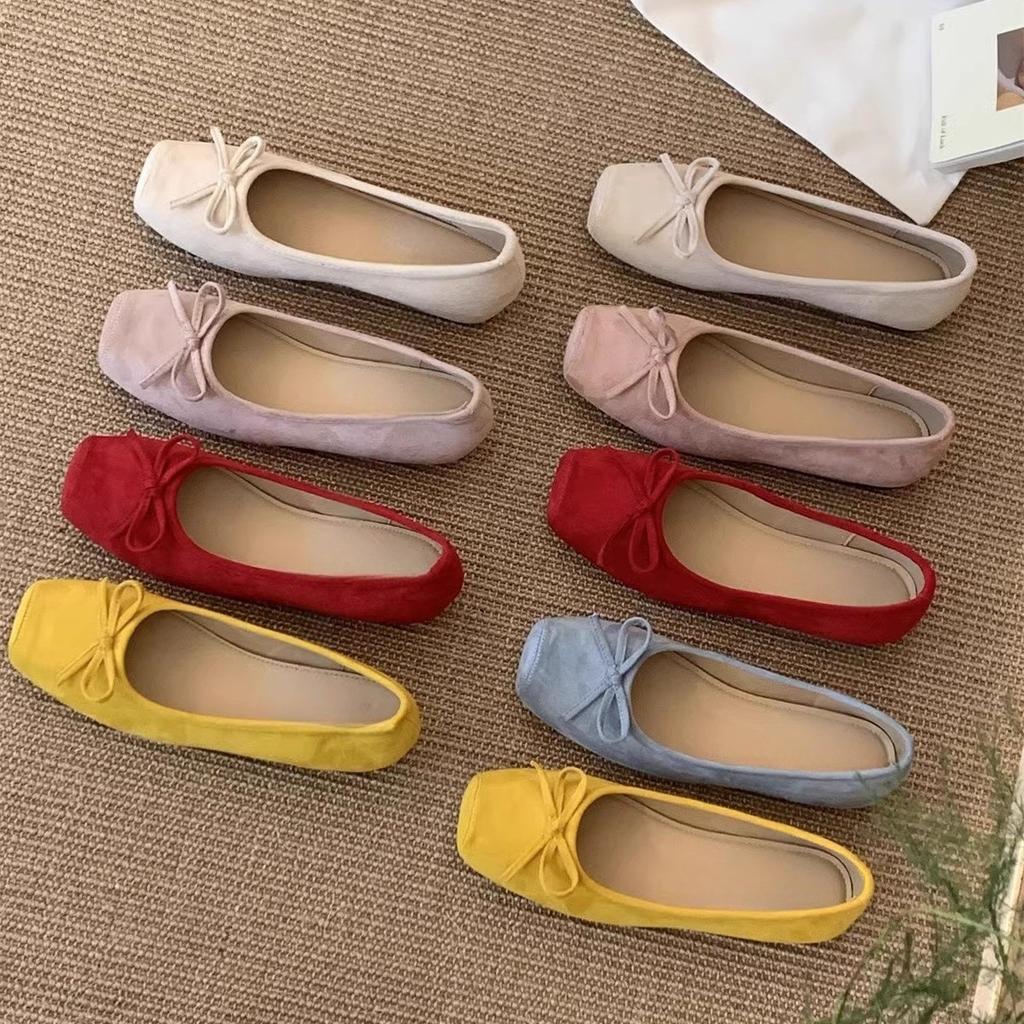 Flat red single shoes female French gentle fairy ballet style beanie shoes inner height increase yellow ladyshoes