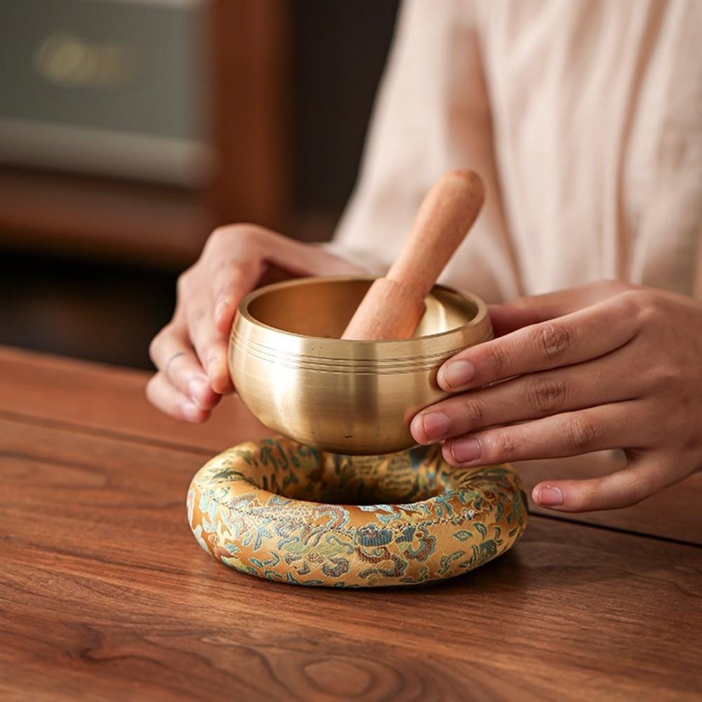 Donut Shape Singing Bowl Mat Nepalese Wooden Fish Coaster Sound Copper Out Mat  Meditation