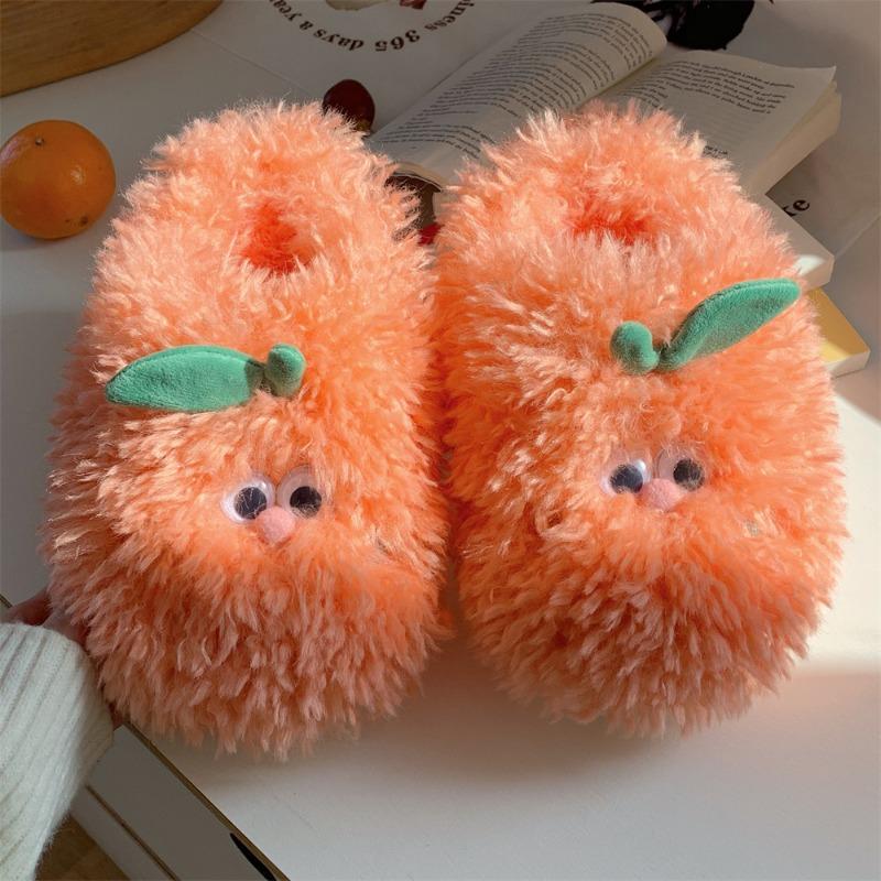 Female winter cute little orange plush cotton slippers warm home indoor confinement soft bottom bag head slippers