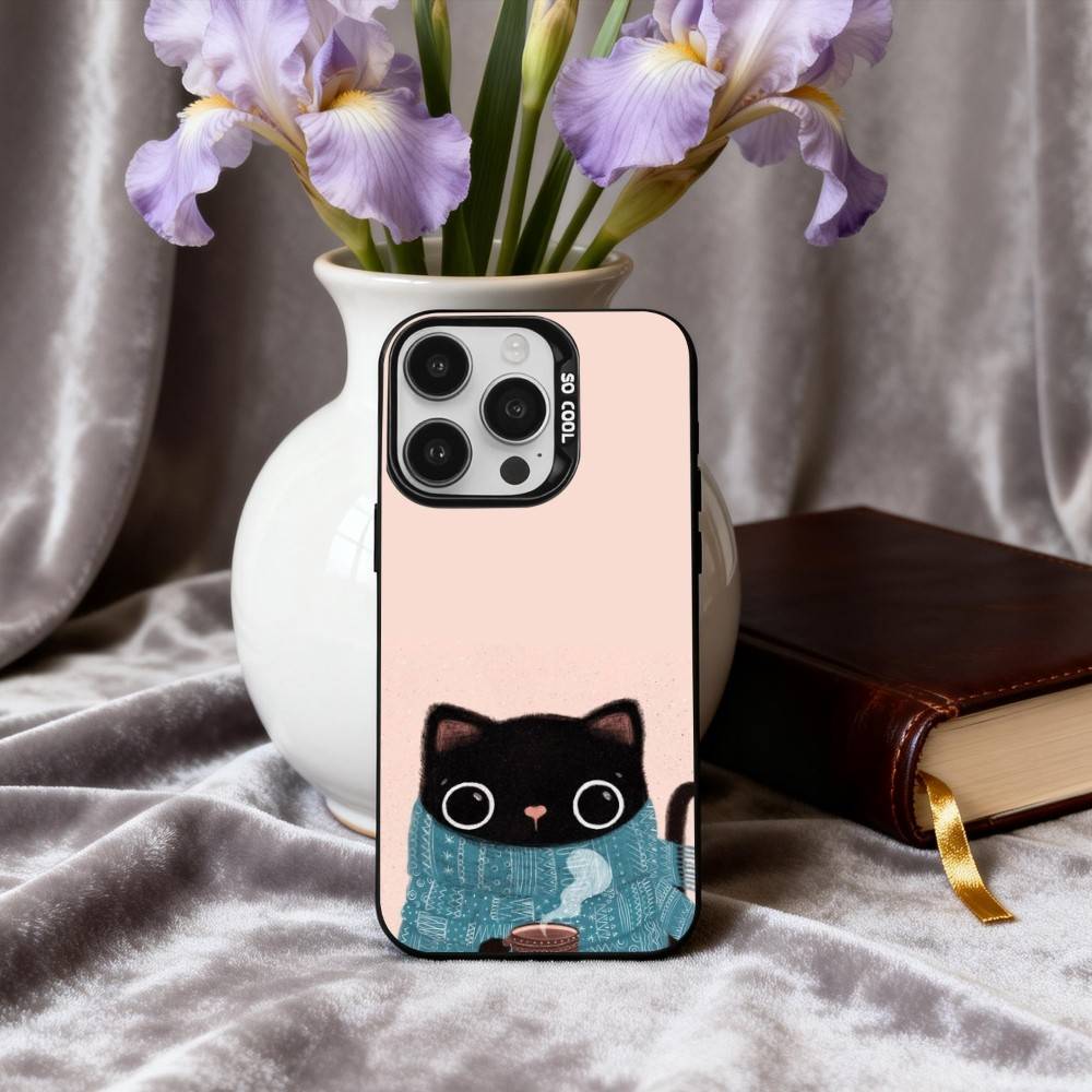 S-Striped C-Coffee Cat Phone Case For iPhone17,16,15,14,13,12,11 Plus,Pro Max Candy Silver Plated Inside Cover iPhone15pro