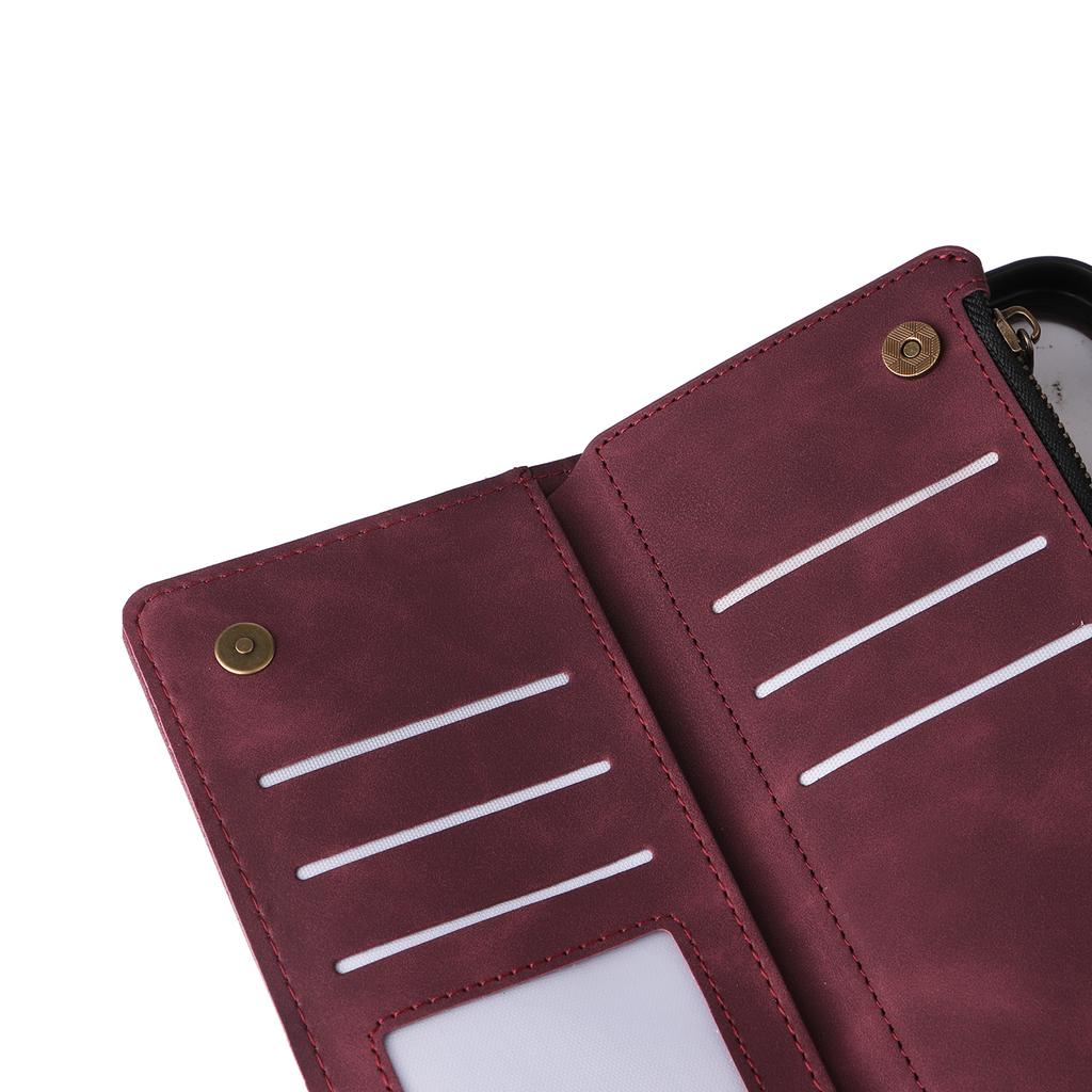 For iPhone 16 Pro Case Zipper Multi-Pocket Wallet Leather Phone Cover with Shoulder and Wrist Straps
