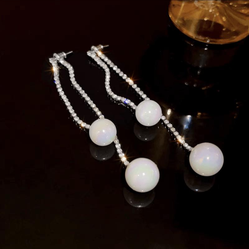 Korean S925 Silver Rhinestone Tassel Pearl Stud Earrings with Niche Design
