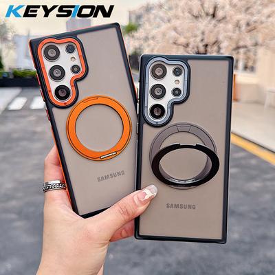 KEYSION Matte Translucent Magnetic Phone Case for Samsung Galaxy S23 S24 Ultra 5G S23+ S24 FE 360° Ring Stand Shockproof Cover