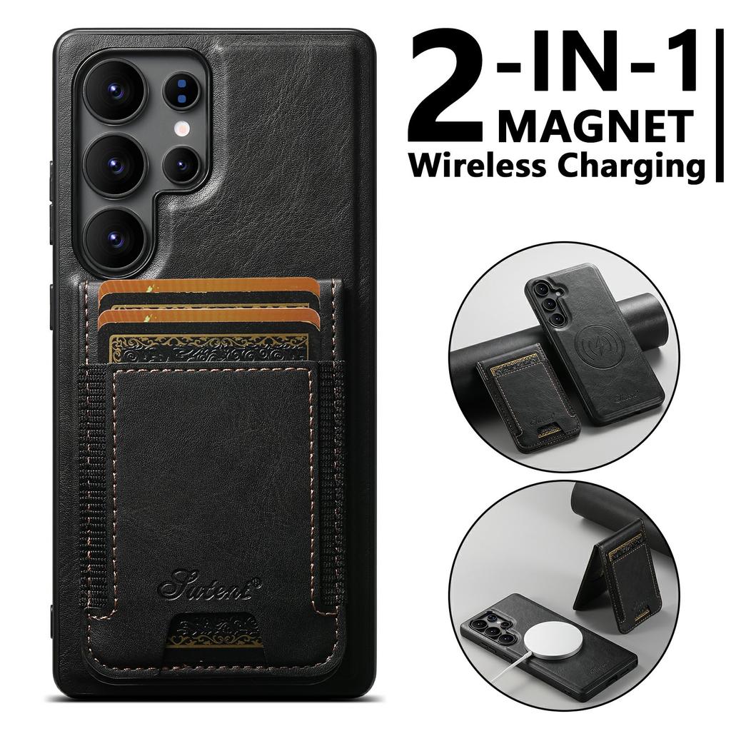 SUTENI For Samsung Galaxy S25 Ultra Leather Phone Case Wallet Card Holder Magnetic Wireless Charging 2-in-1 Detachable Kickstand