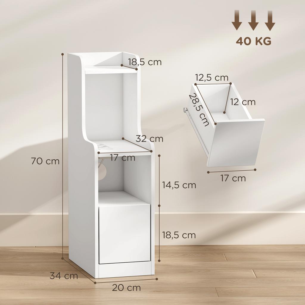 Set of 2 Bedside Tables with Charging Station, Modern Nightstands with Drawer, Open Shelves, White