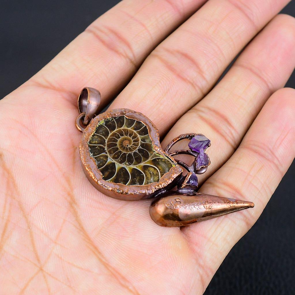 Ammonite Fossil Pendant, Gemstone Copper Electroformed Jewelry Pendant, Handmade Jewelry Beautiful Pendant