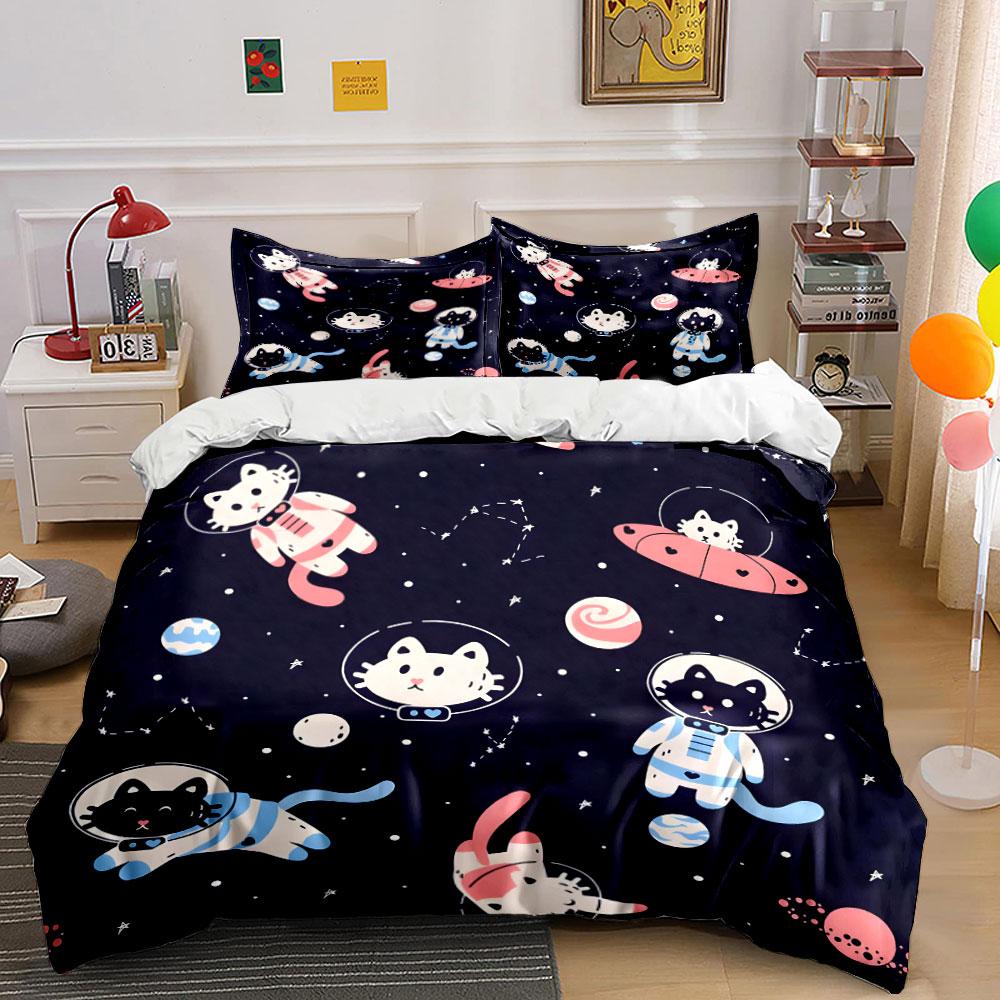 Grosstor Unisex Infant Space Cat Trio Adventure Design Kid's And Adults' Bedroom Decor, Exquisite Three-Piece Bedding Set Gift 200Cm