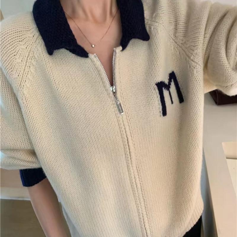IHUASU Autumn and Winter Casual Knitted Wool Cardigan Jacket Women's Casual POLO Neck Zip Cashmere Jumper