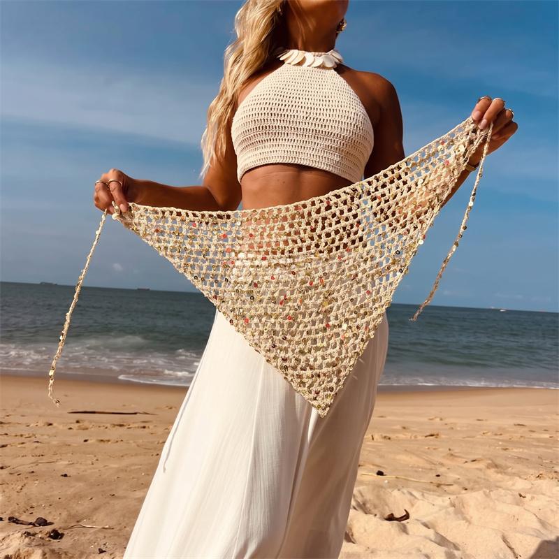 Foulard a Triangolo all'Uncinetto con Paillettes Stile Boho per Donna, Bandana Lavorata a Maglia Vuota, Copricapo per Foto in Spiaggia d'Estate, Accessori per Capelli alla Moda