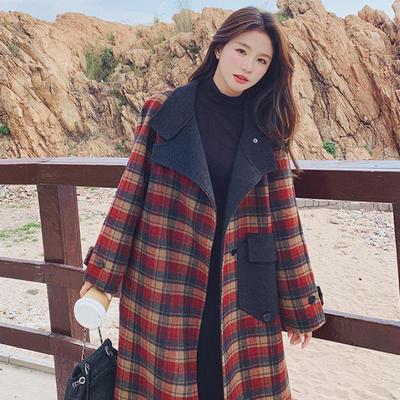 Medium and Long Plaid Woolen Coat Women's Korean Version Loose Retro Thickened Woolen Coat