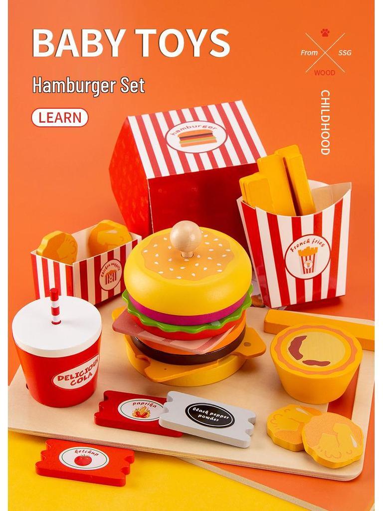 Wooden Kitchen Utensils and Hamburger Play Set - Fun Children's Toy Ornaments