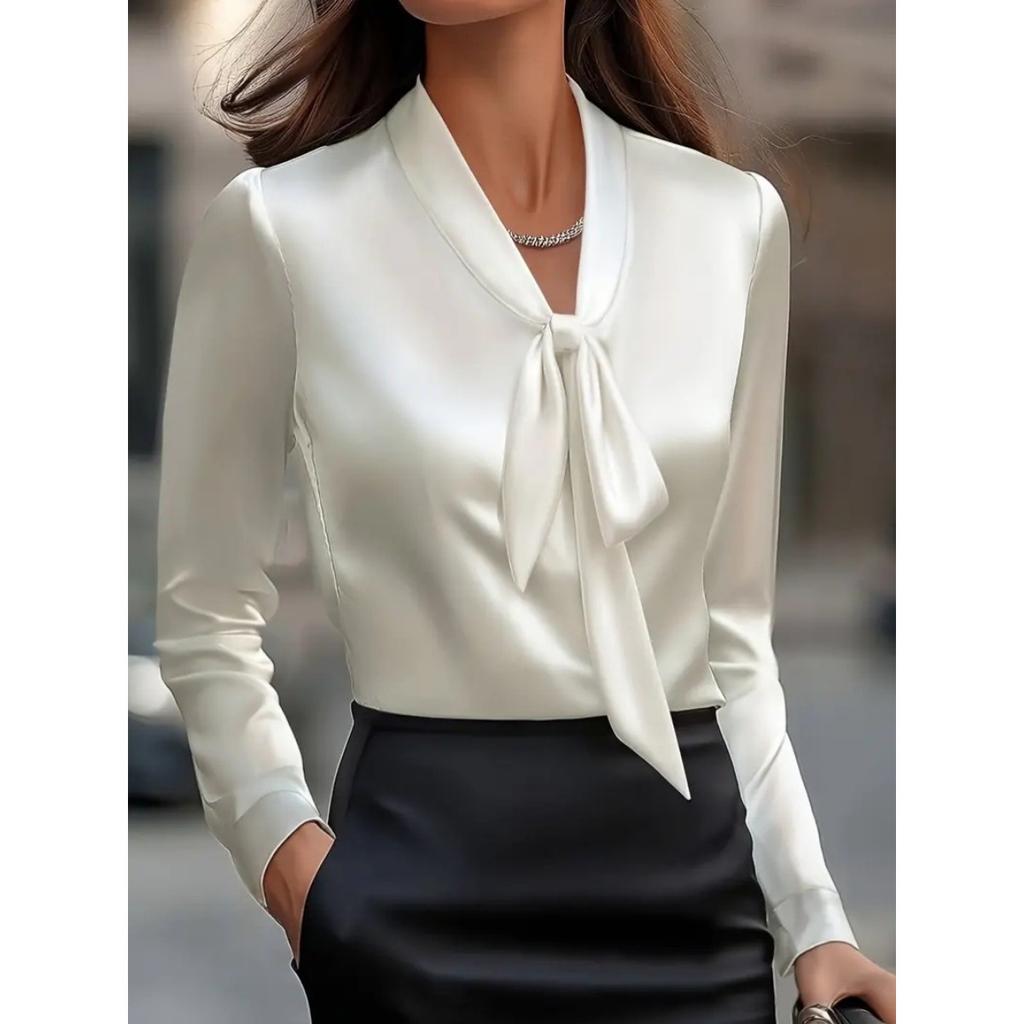 2025 New Fashion Elegant Solid Color Satin Long Sleeve Shirt with Belt for Women