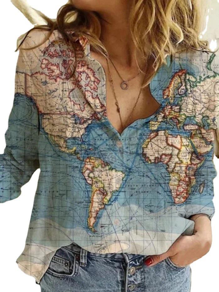 2021 European & American Map Print Long Sleeve Women's Shirt
