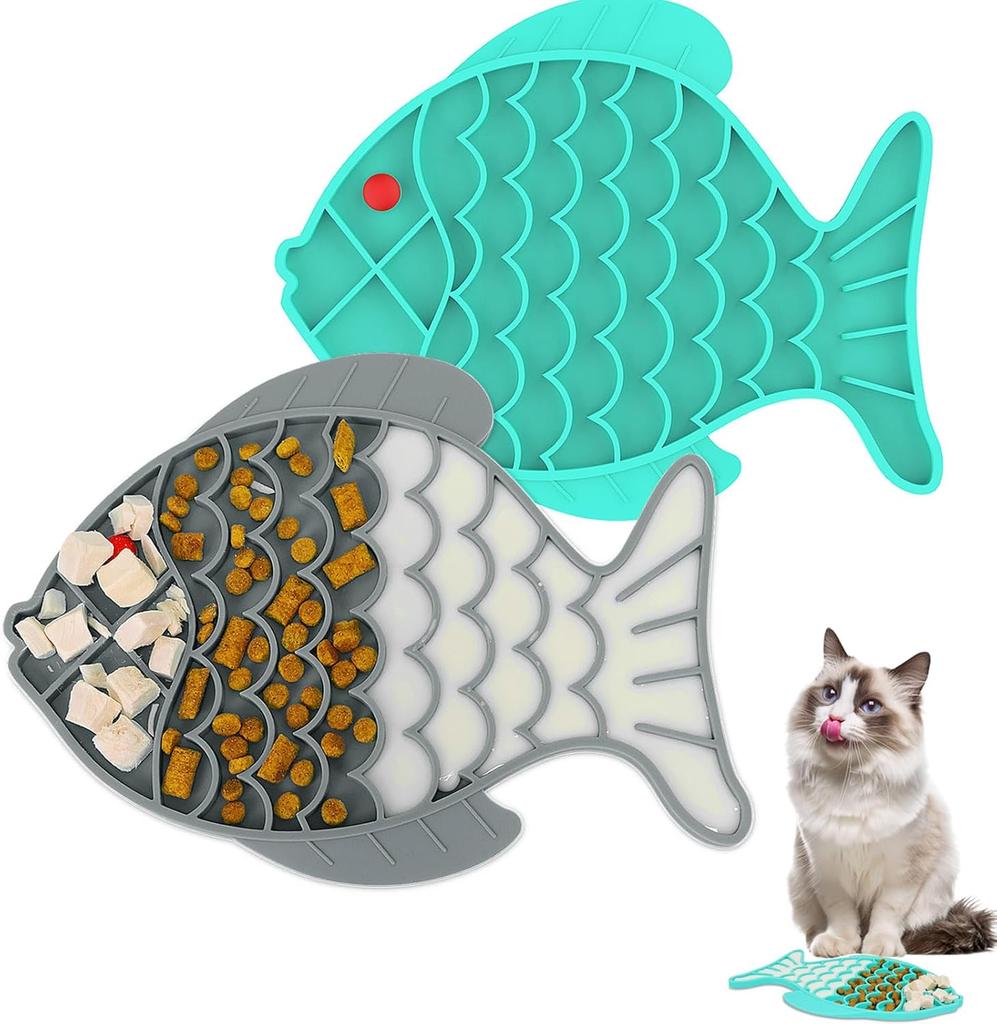 2 Pack Slow Feeder Cat Bowls, Fish-Shaped Silicone Puzzle Kitten Puppy Dog Feeders Non-Slip Design Lick Mat for Healthy Eatting