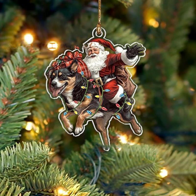 2026 Santa Claus And His Funny Dog Ornament 2D Flat Acrylic Pendant Christmas Decoration For Home Xmas Tree  Year Kerst
