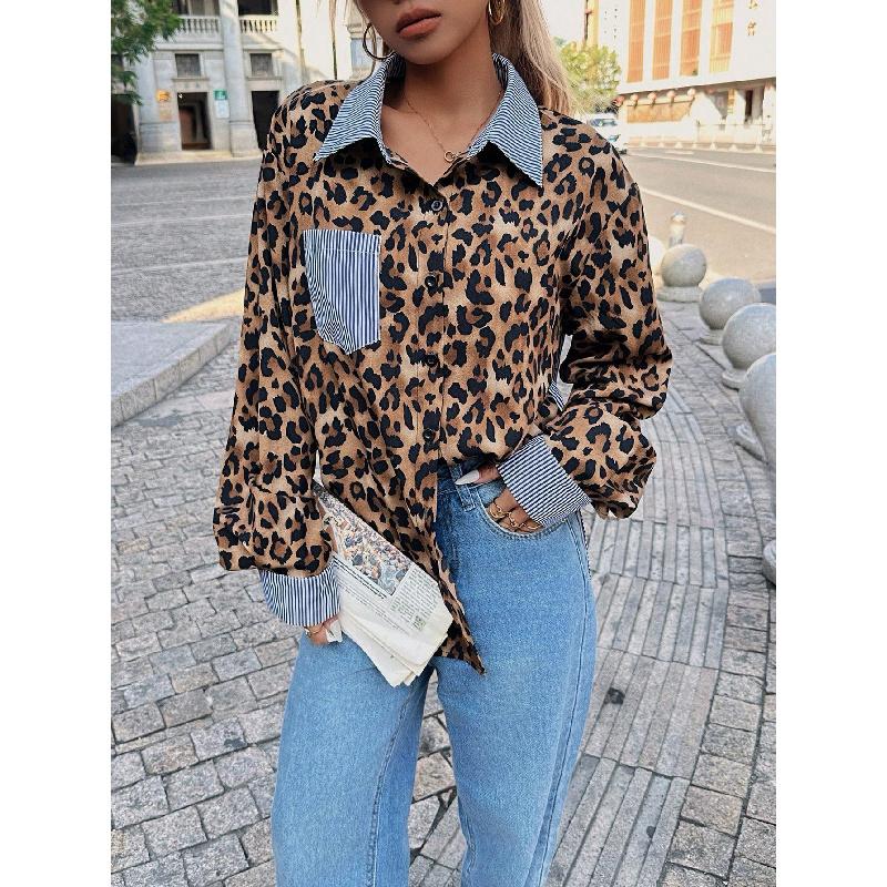 

2026 Fashionable Design Leopard Print Patchwork Loose Casual Long Sleeve Polo Collar Shirt XXL