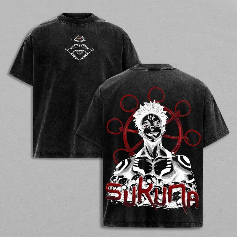 Manga Jujutsu Kaisen Ryomen Sukuna Printed Tee Men Loose Clothing Washed Cotton T-shirt Vintage Casual T Shirt Harajuku Tshirt