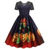 Women Halloween Lace Patchwork Printed Slim Fit Short Sleeve Big Swing Dress