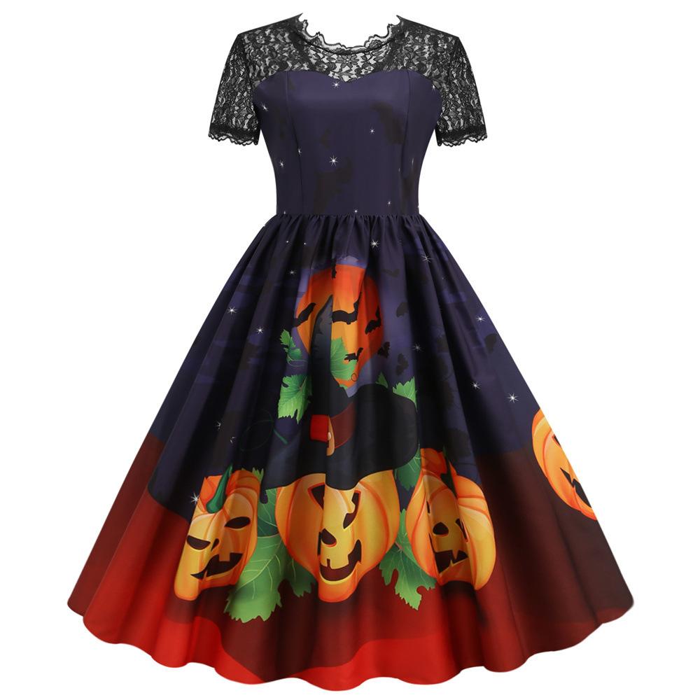 Women Halloween Lace Patchwork Printed Slim Fit Short Sleeve Big Swing Dress