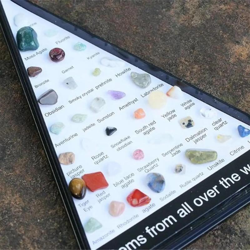 Gems from All Over The World ,32 Types of Natural Crystal Gemstone Moon Shaped Set, Rocks Set with Educational Display Case