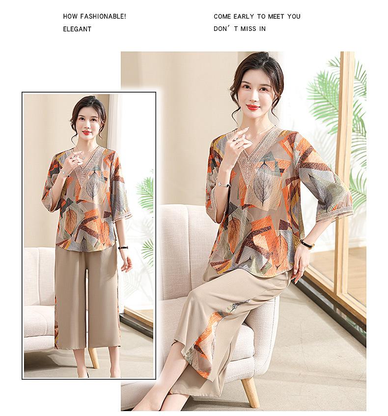 Stylish Chiffon Summer Outfit Set for Middle-Aged Mothers: Short-Sleeved Blouse and Pants