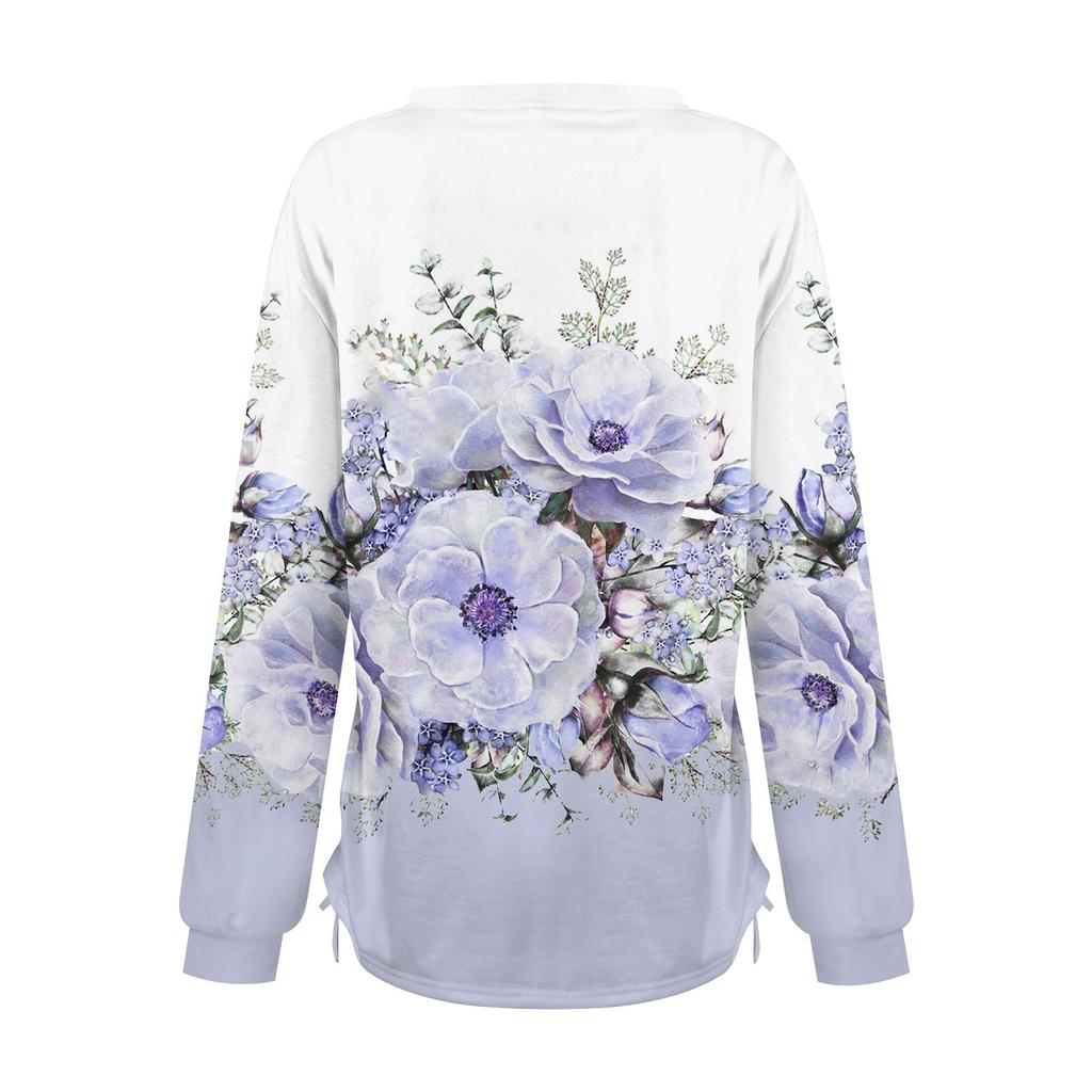 Women's Fashion Casual Printed Long-sleeved V-neck Pleated Loose T-shirt Top