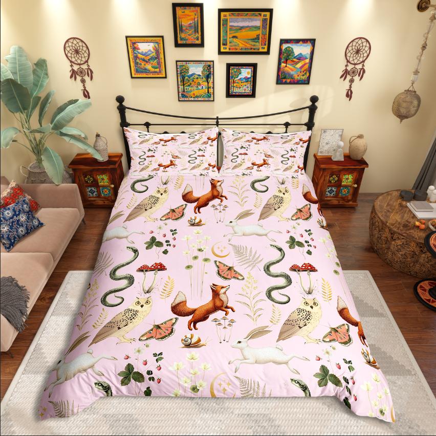 Homewish Fox Rabbit Snake Duvet Cover SetJungle Animal For Teens Bedding SetFlower Mushroom Decor