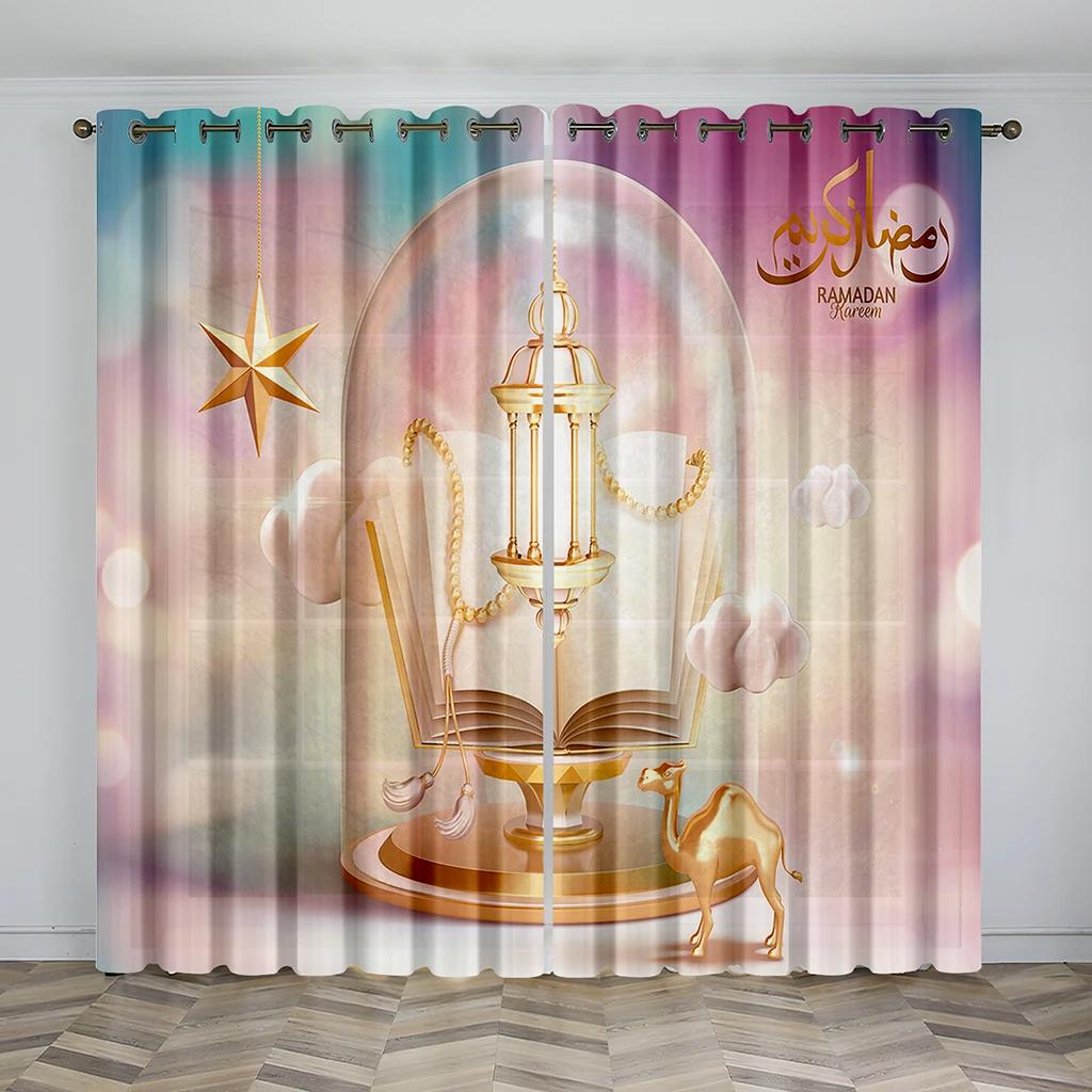Cheap Gold Black Boho Ramadan Lslamic Muslim Kareem Thin Window Curtain for Living Room Bedroom Decor 2 Pieces Free Shipping
