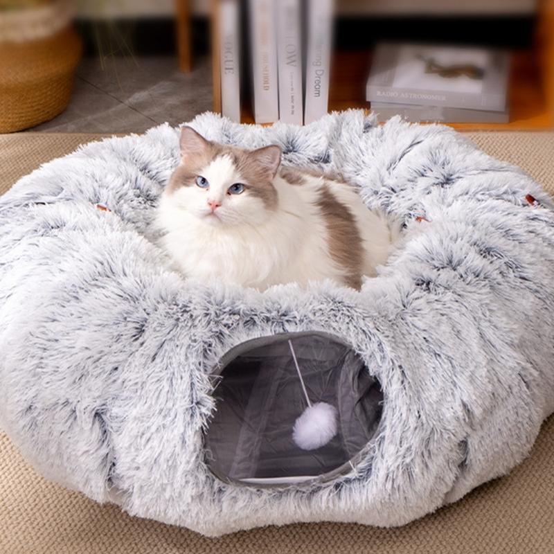 Soft Plush Foldable Cats Bed Tunnel with Space Saving Providing Warmth and Entertainment for Cats Indoor or Outdoors