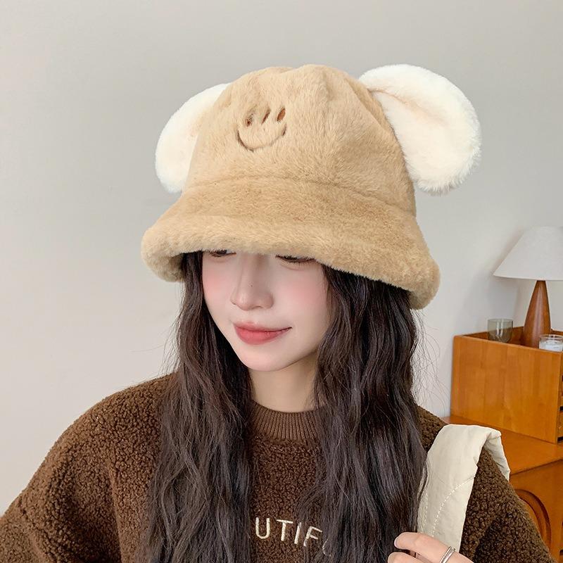 Puppy ears plush bucket hat female winter cute student versatile small face thickened warm basin hat