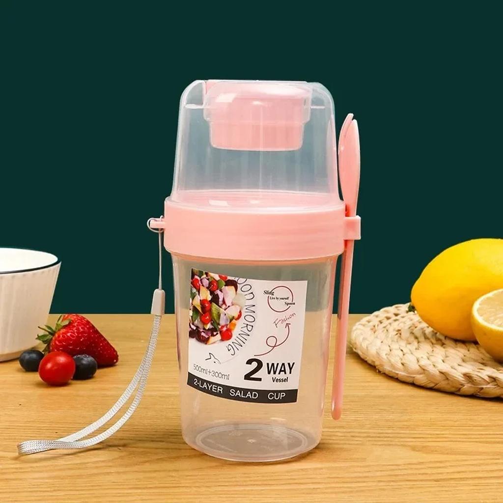 Sallad Havregrynsmugg 500ml+300ml Läcksäkert Lock med Gaffel Sked Handledsrem Bärbar Bento Matlåda för Kontor Gym Resa