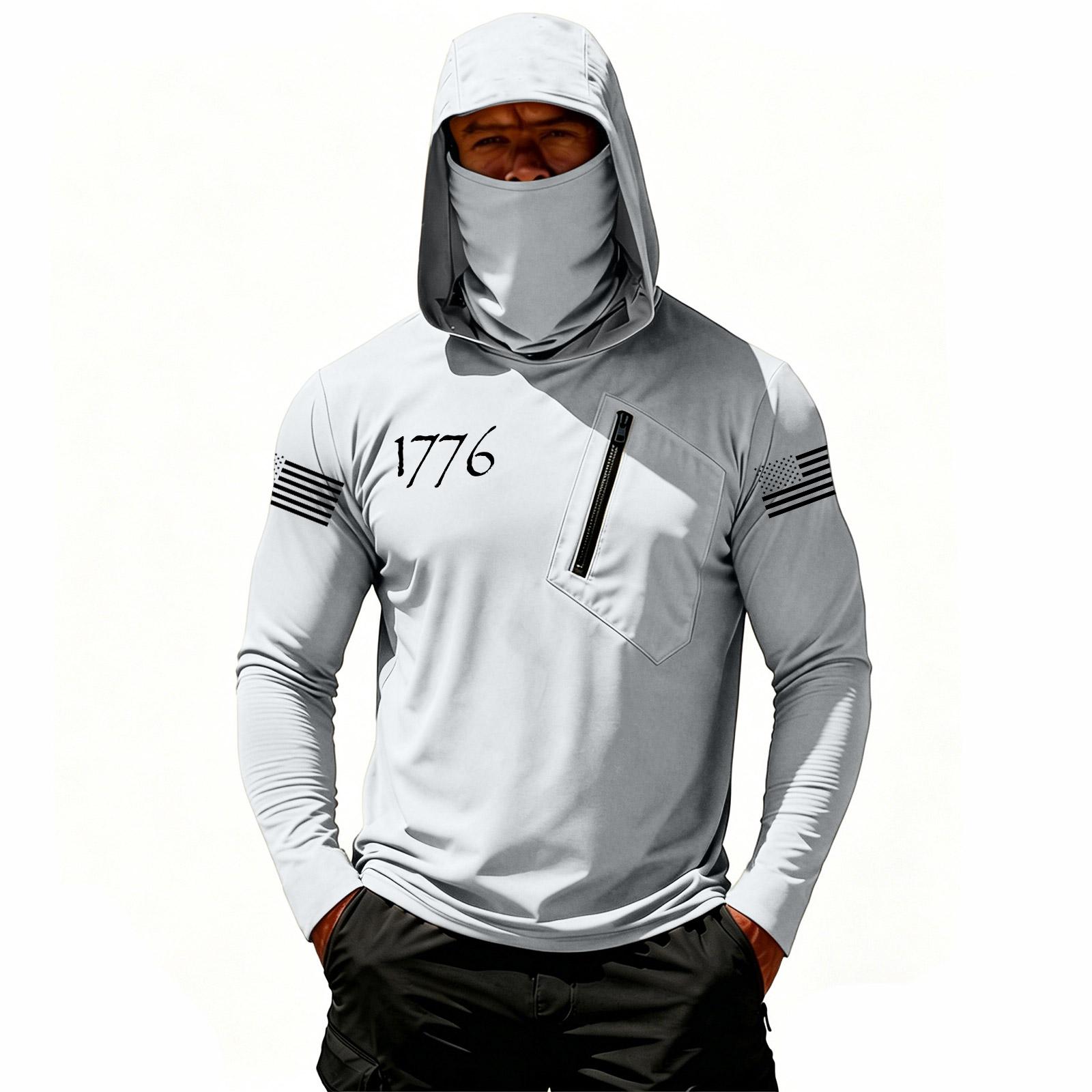 Men’s Long Sleeve Hooded Pullover with Front Zipper Pocket and Printed Design Casual Athletic Top L