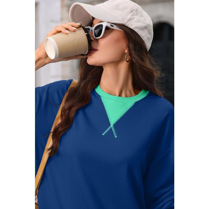 Women Loose Color Block Crew Neck Long Sleeve Casual Pullover Sweatshirt