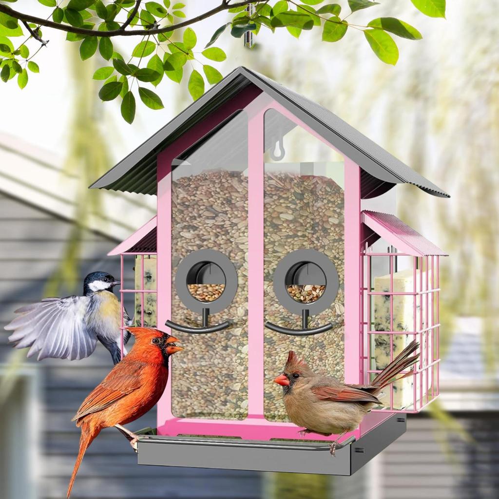 Bird Feeders For Outdoors Metal Outdoor Bird Feeder With Double Roof Backyard Birding Supplies For Balcony Deck Garden