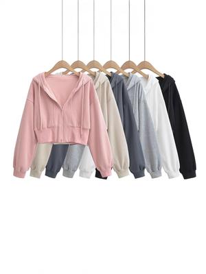 Women's Trendy European & American Double Zipper Hooded Sweatshirt - Solid Color, Loose Fit, High Waist Casual Jacket