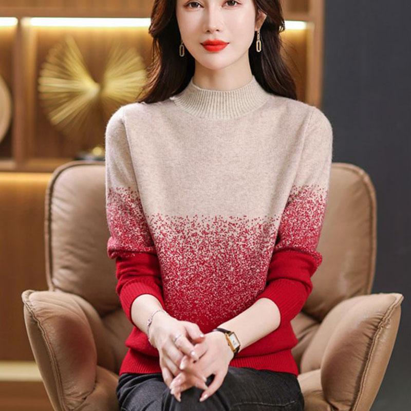 Women's Crew Neck Sweater Autumn and Winter Gradient Knit Pullover Loose Thick Knit Top