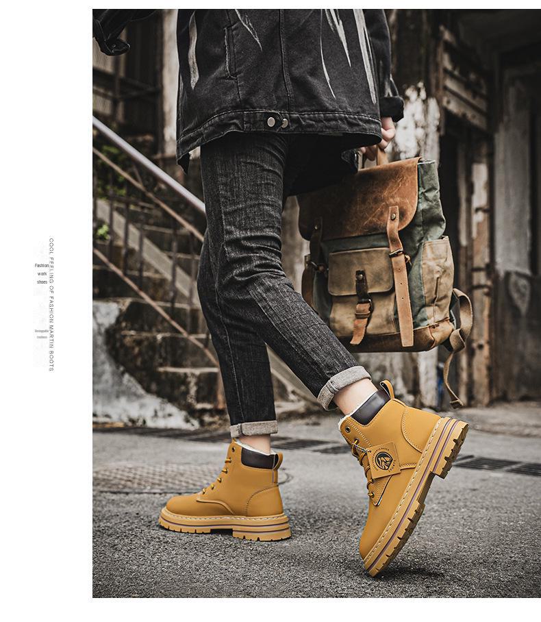 Men's Winter Martin Boots: Warm Velvet-Lined Outdoor Workwear In Retro Desert Yellow, Size 48.