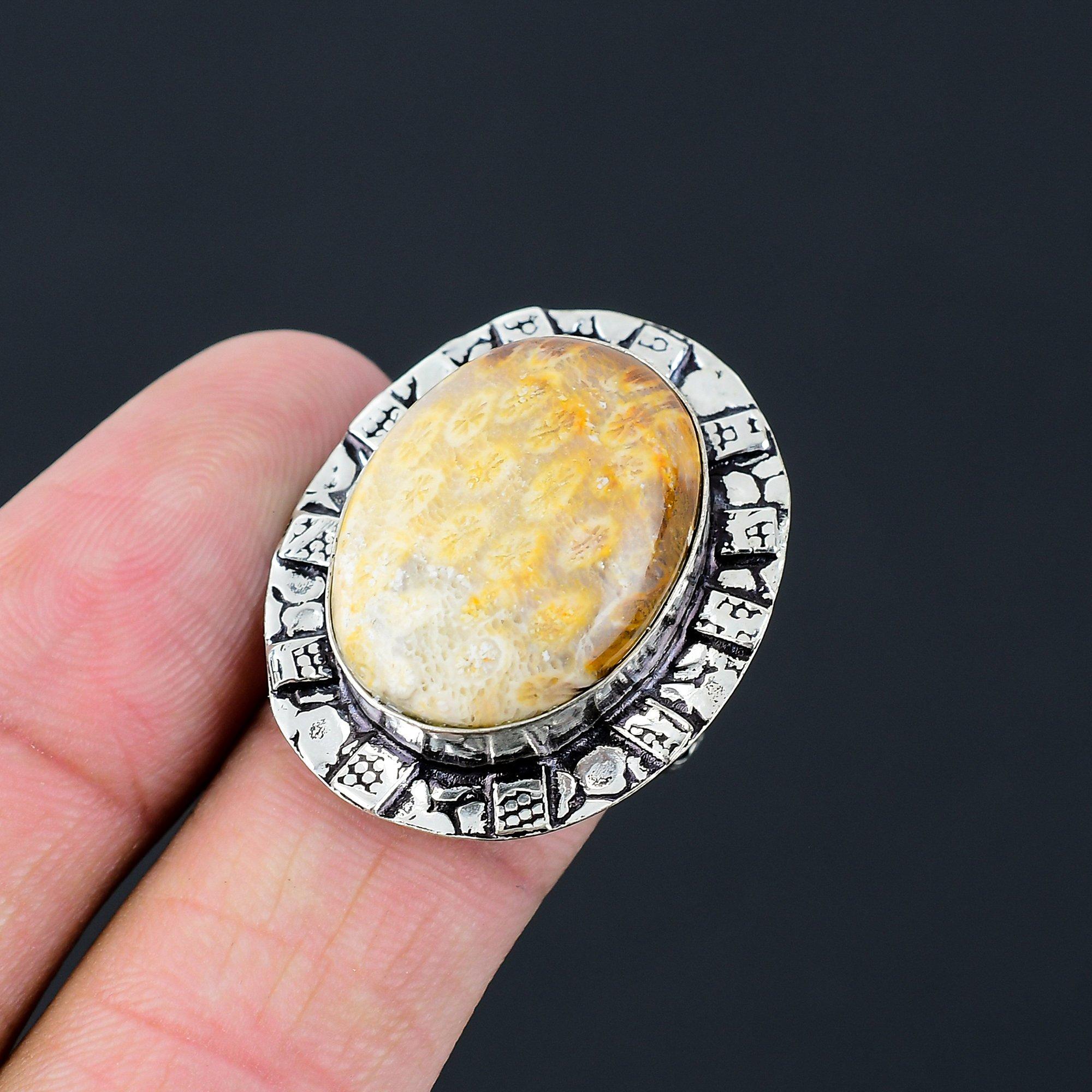 Oval Fossil Coral Gemstone 925 Sterling Silver Handmade Stackable Ring Jewelry 9