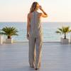 Women Linen V Neck Sleeveless Top and Wide Leg Pants Set Casual Loose Fit Striped Two Piece Outfit for Daily Wear