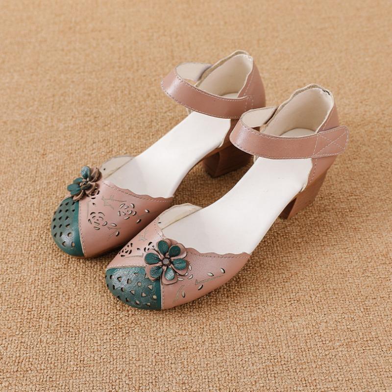 

Summer new women s hollow sandals first layer cowhide thick heel Velcro flower color matching shoes 41