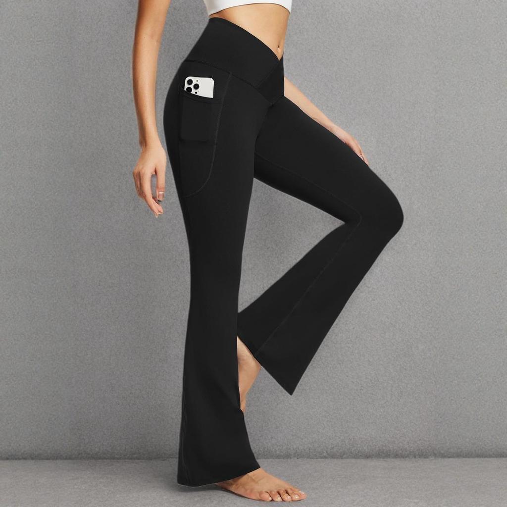 European and American Cross-Waist Flare Yoga Fitness Pants - Women's Black Base Layer