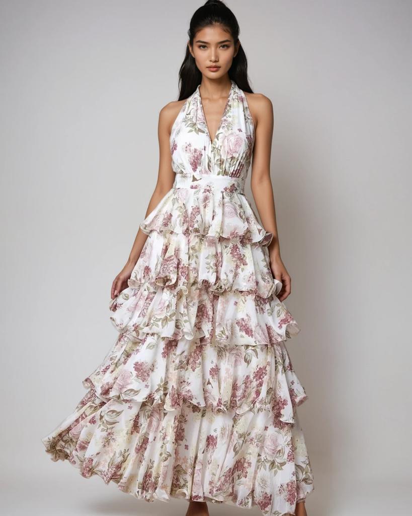 New In Spring, European and American Women's Dress Is Fashionable and Sexy V-neck Suspender Multi-layer Printed Dress